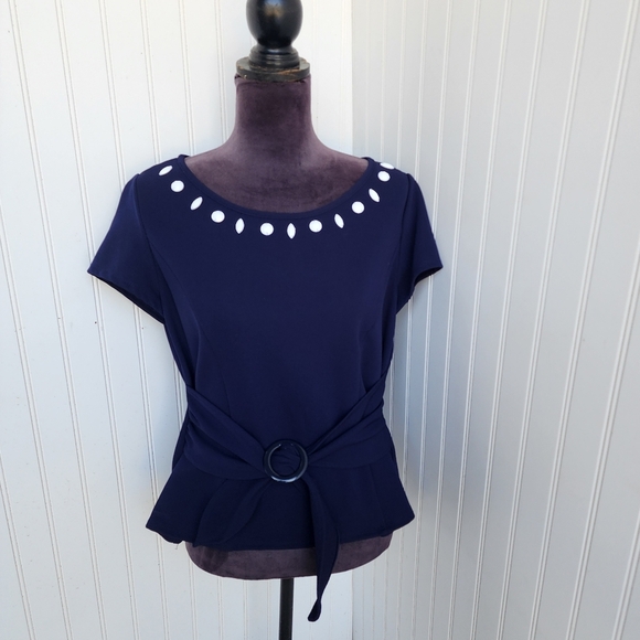 Perceptions Women Blue Navy Cap Sleeve Stretch Top w/ Sash White Beaded 12P - Picture 1 of 11